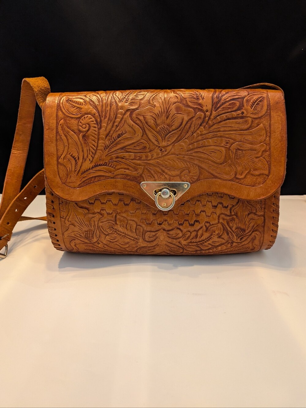 Vintage Tooled Leather Shoulder Bag Western Boho Handmade